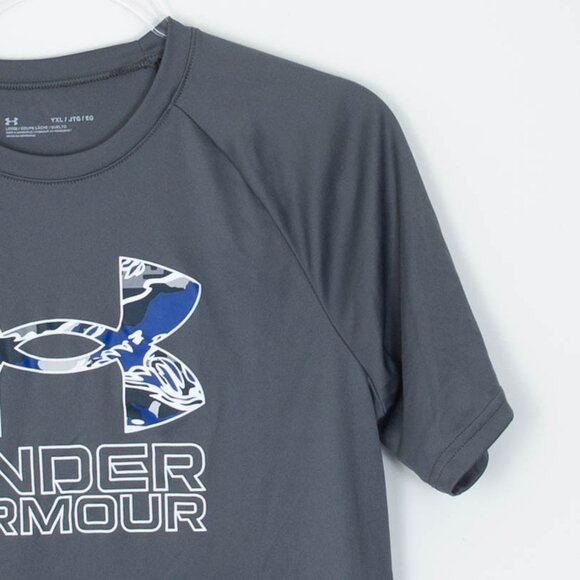 Under Armour Boys Heat Gear Short Sleeve Shirt Size Youth XL Gray Sports Logo - Picture 2 of 7